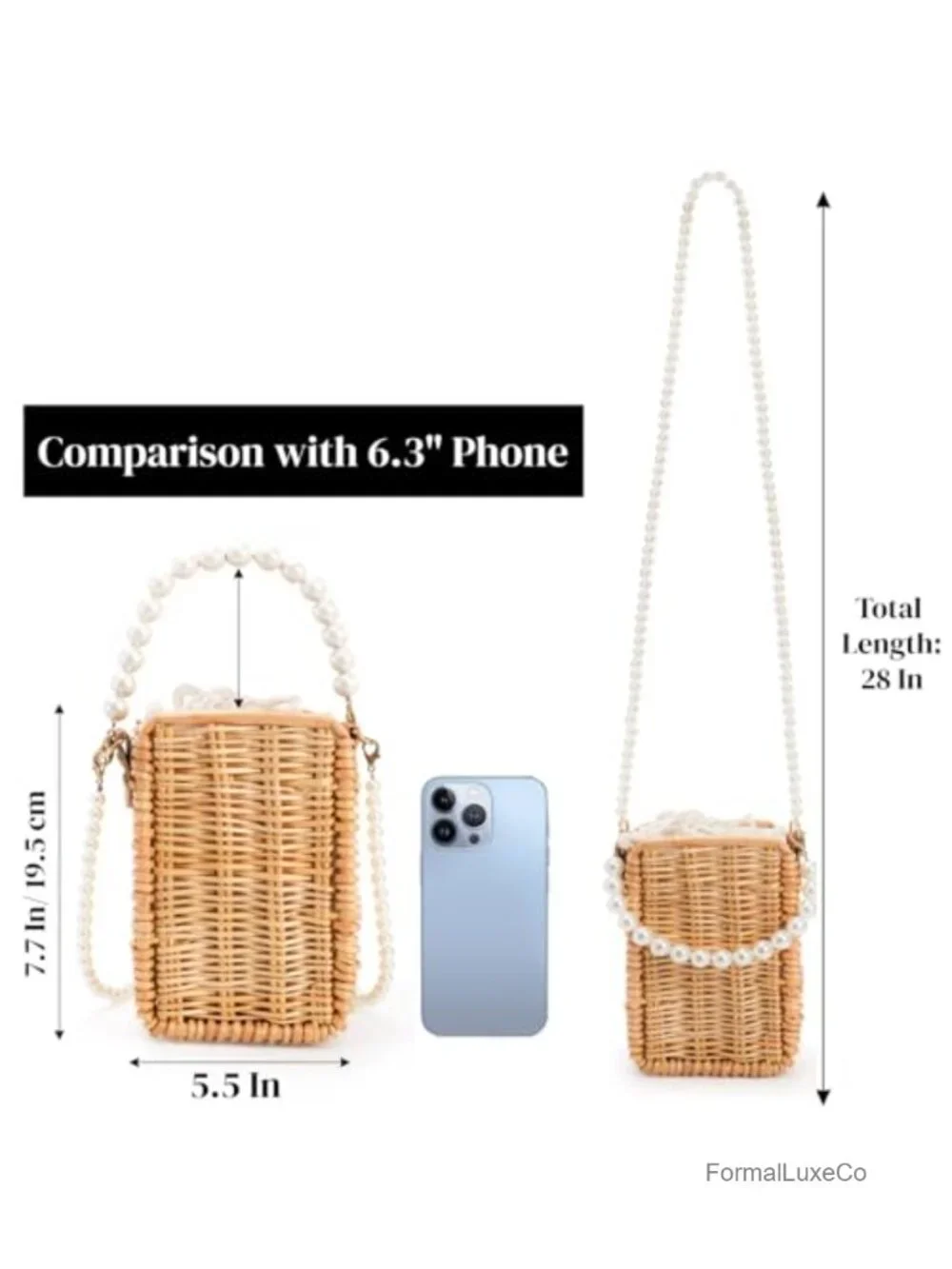 Handwoven Rattan Wicker Pearl Basket Purse Rectangular Beach Tote Straw Bag